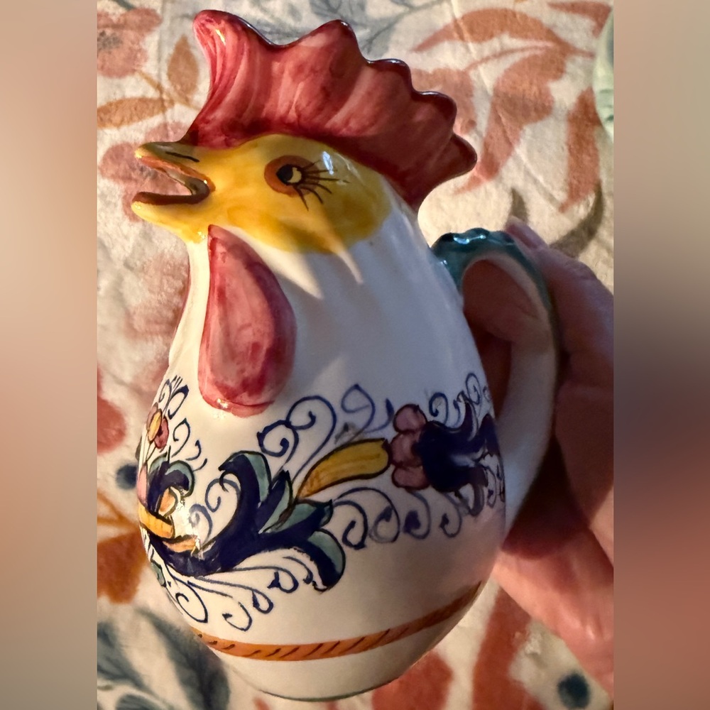 Ceramic Italian Red & Yellow Rooster vase / pitcher with Intricate Designs
